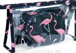Damen Kosmetiktasche 3 in 1 Flamingo, schwarz