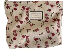 Kosmetiktasche, KS117, beige mit roten Blumen