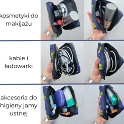 Mini-Tasche für Damenhygieneartikel, Flamingos und Palmblätter, dunkelblau