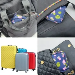 Mini-Tasche für Damenhygieneartikel, Flamingos und Palmblätter, dunkelblau
