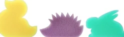 Set mit Badeschwämmen für Kinder, 3 Stk., gelbe Ente + violetter Igel + grünes Kaninchen